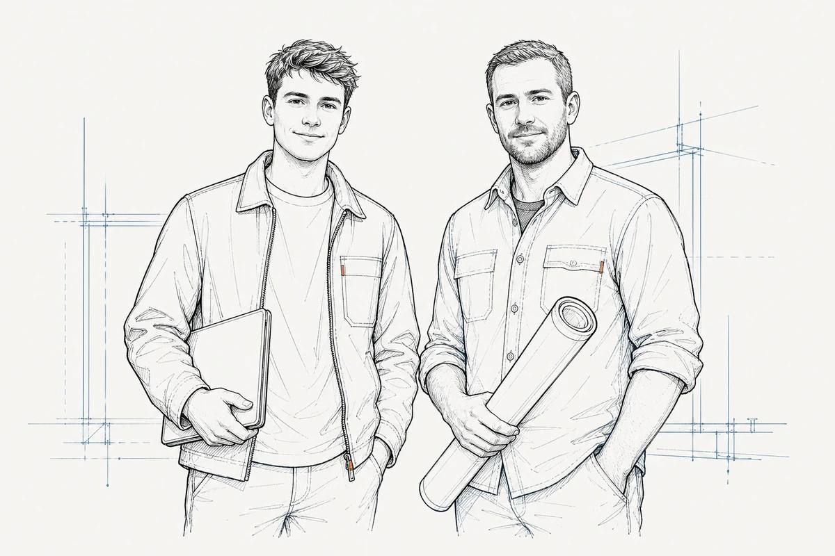 Line illustration of the two Somersites founders, Sam, 22, and Sam, 35